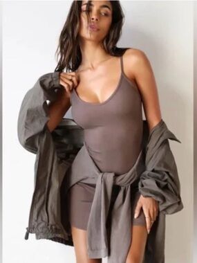 Joah Brown Slip Dress, XS/S, Brown Rib